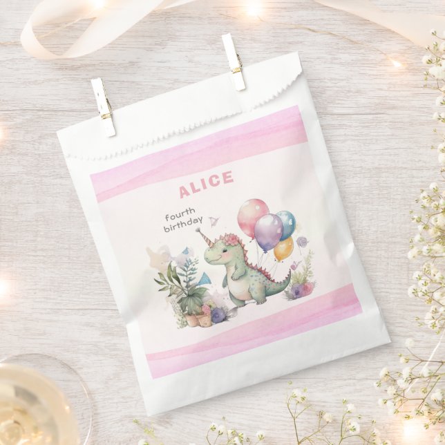 Bolsa De Papel Chica de dinosaurios rosados acuarela Cumpleaños (Cortado)