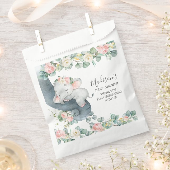 Bolsa De Papel Chica de Elefante Floral Rosa Baby Shower Cumpleañ (Cortado)
