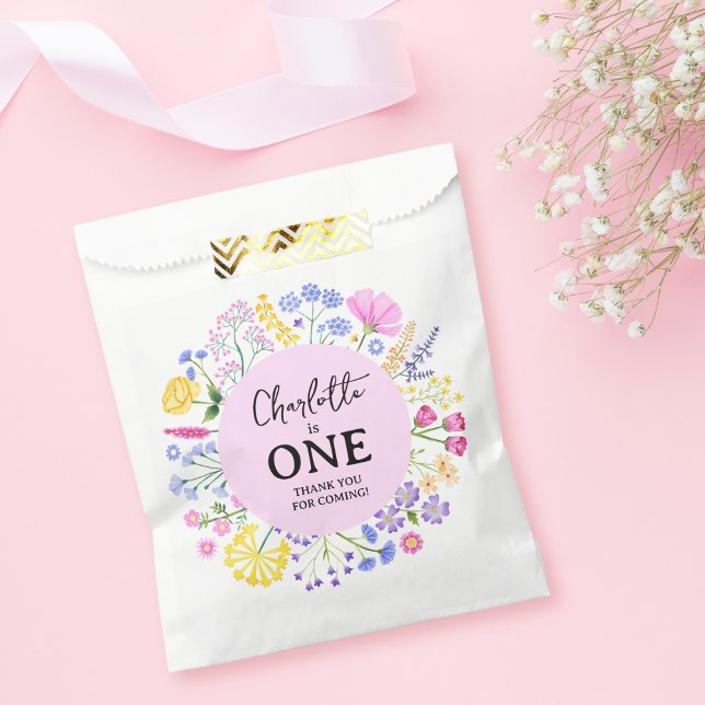 Bolsa De Papel Chica de Flores Silvestres Primer Cumpleaños Graci (Wildflower Girl First Birthday Thank You Favor Bag)