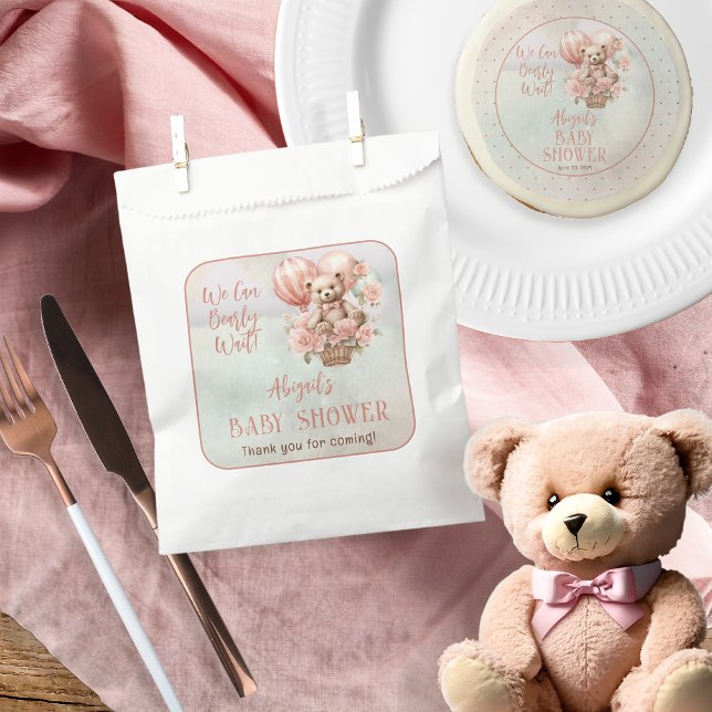 Bolsa De Papel Chica de globos de oseo Teddy Bear espera a Baby S (Teddy Bear Hot Air Balloon | Pink Flowers Girl Baby Shower Favor Bags)