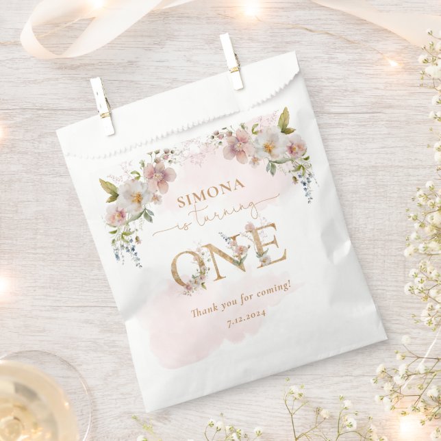 Bolsa De Papel Chica de oro Wildflowers primer cumpleaños gracias (Cortado)