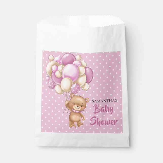 Bolsa De Papel Chica de Teddy Baby Shower - rosa y blanco (Anverso)