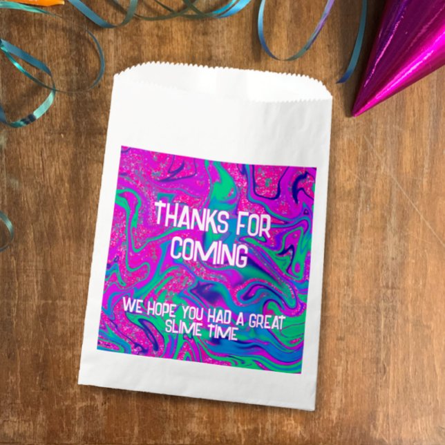 Bolsa De Papel Chica del Purpurina Verde azulado Rosado de Guay C (Cool fun bright pink and blue swirls birthday party favor gift bag. Editable text Thanks for coming )