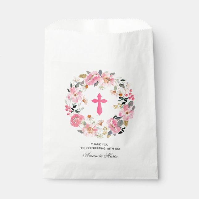 Bolsa De Papel Chica Primera Comunión Acuarela Floral Rosa (Anverso)