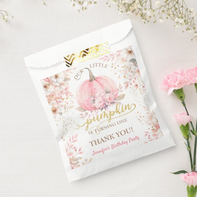 Bolsa De Papel Chica Purpurina de Oro Floral de Calabaza Rosada P (Sellado)