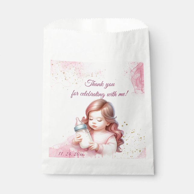 Bolsa De Papel Chica Rosa Estrella del Arcoiris Cumpleaños (Anverso)