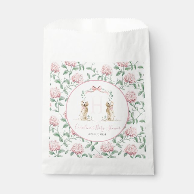 Bolsa De Papel Chica Rosa Preppy Sur Perro Baby Shower (Anverso)