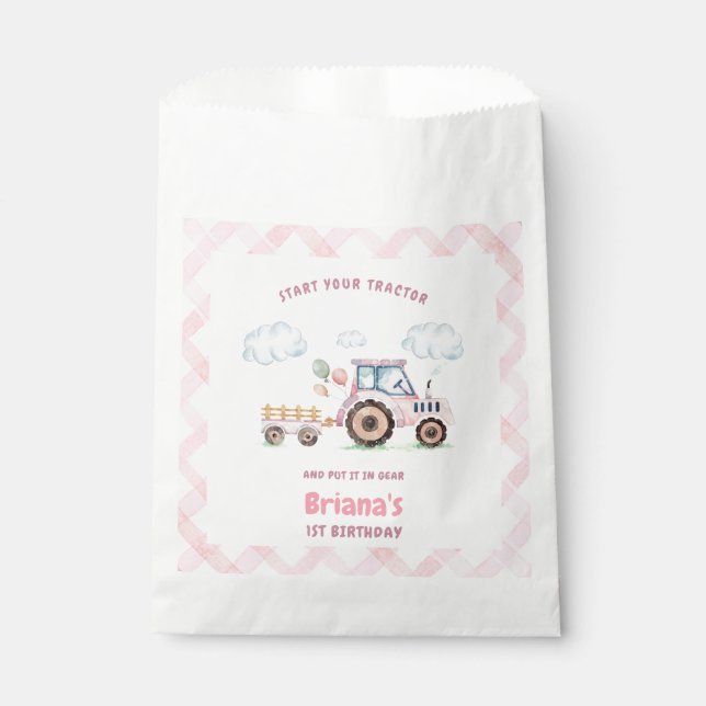 Bolsa De Papel Chica Tractor Rosa Granja Cumpleaños Cualquier Eda (Anverso)