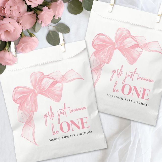 Bolsa De Papel Chicas de lazo rosa Cumpleaños número 1 (Pink Bow Girls 1st Birthday Favor Bag)
