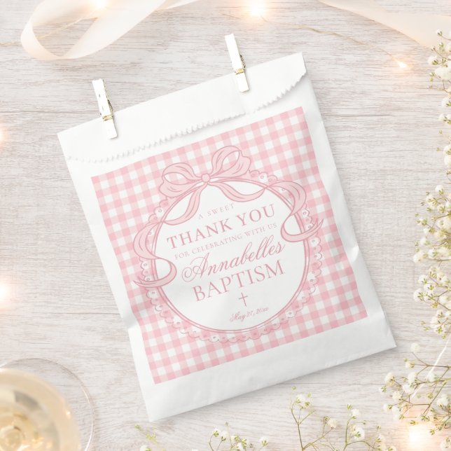 Bolsa De Papel Cinta Coqueta de Gingham Rosa Postre de Bautizo (Cortado)