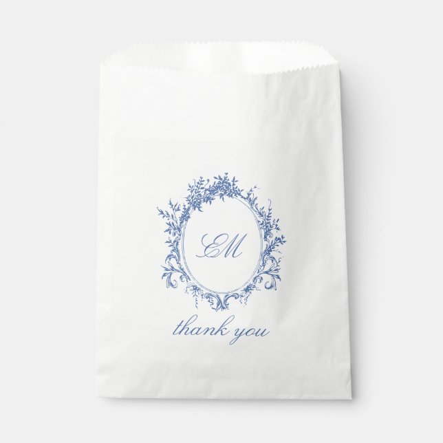 Bolsa De Papel Clásico Sofisticado Cresta de Mnograma Azul Toile (Anverso)