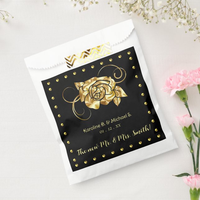 Bolsa De Papel Classy Black Gold Rosas Bodas (Sellado)