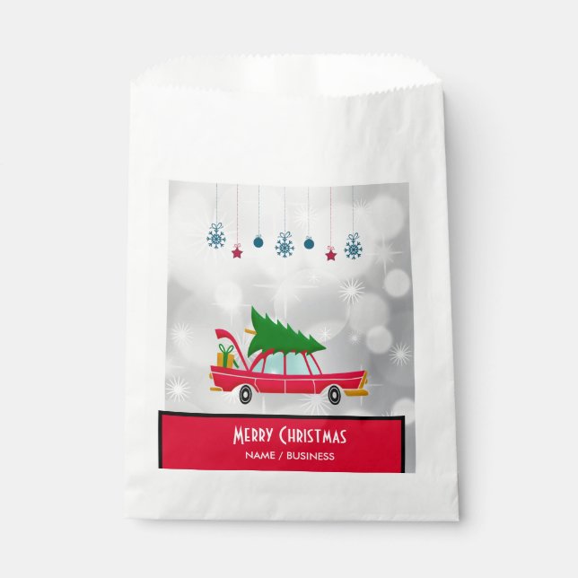 Bolsa De Papel Coche rojo retro que lleva un árbol de Navidad (Anverso)