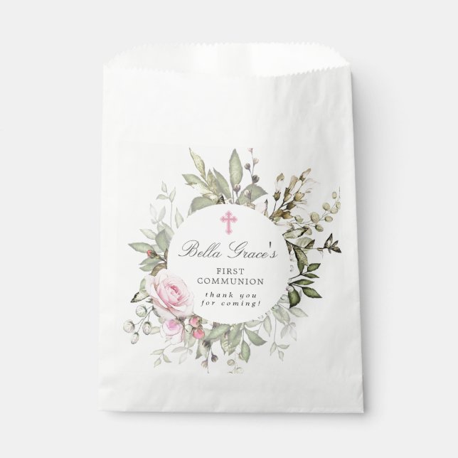 Bolsa De Papel Comunión floral rosa: gracias (Anverso)