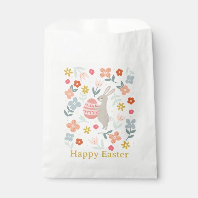 Bolsa De Papel Conejo de Pascua y Flores de Primavera (Anverso)