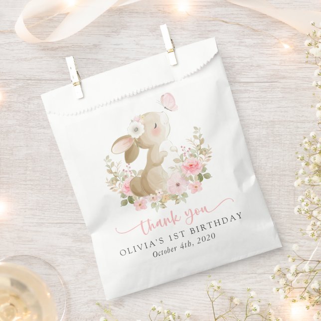 Bolsa De Papel Conejo, Mariposa, Flores Rosadas, Primer Cumpleaño (Cortado)