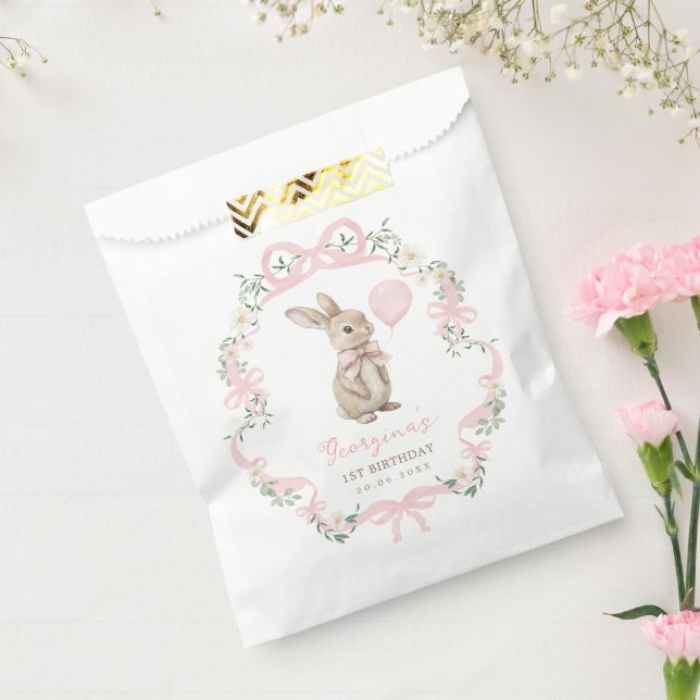 Bolsa De Papel Coquette Bunny Pink Bow Girl Birthday (Sellado)