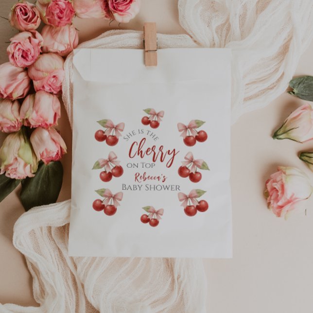 Bolsa De Papel Coquette Pink Bow Red Cherry en Baby Shower superi (Subido por el creador)