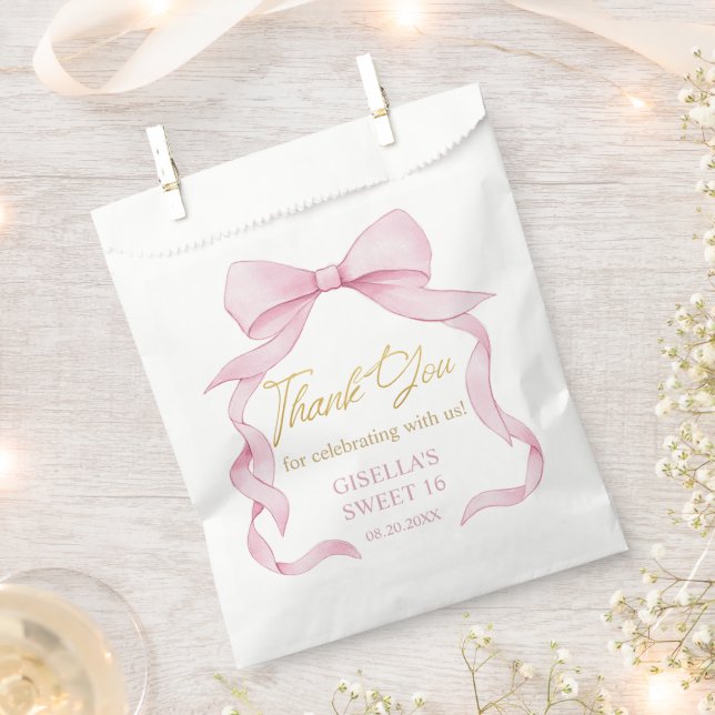 Bolsa De Papel Coquette Pink Ribbon Bows Dulce Dieciséis 16 (Cortado)