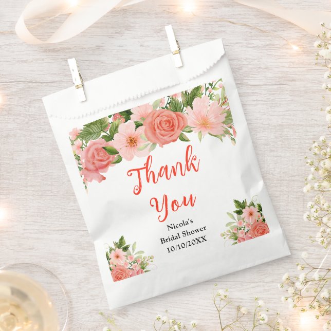 Bolsa De Papel Coral Red Roses Bridal Shower Thank You (Cortado)