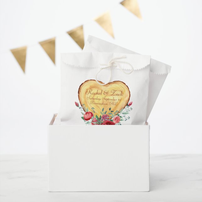 Bolsa De Papel Corazón de madera y rosas País Amor (Fiesta)