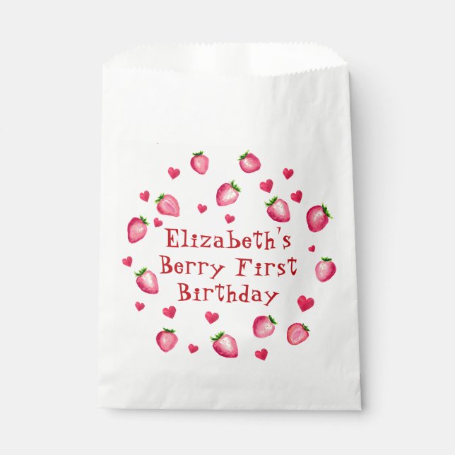 Bolsa De Papel Corazones Fiestas de fresa de Berry First Birthday (Anverso)