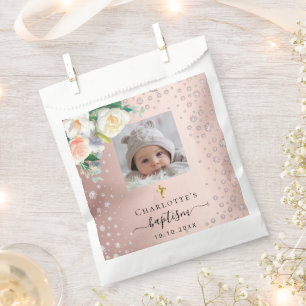 Bolsa De Papel Costumbre de bautizo foto rosa oro niña flores