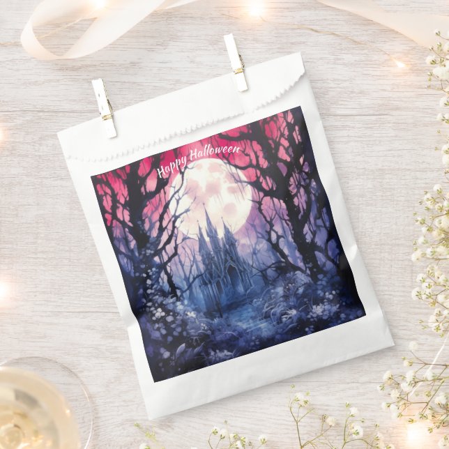 Bolsa De Papel Creepy Woods Castle Full Moon Happy Halloween (Cortado)