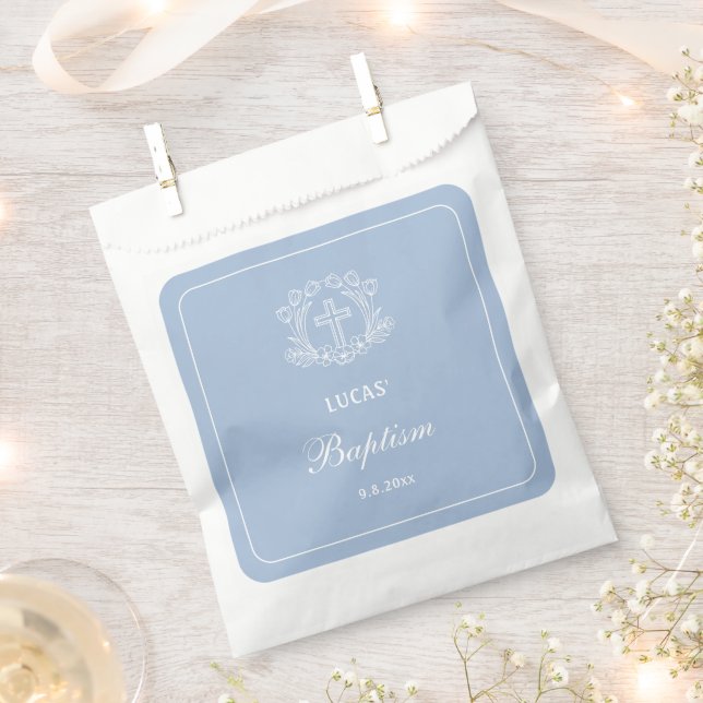 Bolsa De Papel Cruz floral simple en bautismo azul claro (Cortado)