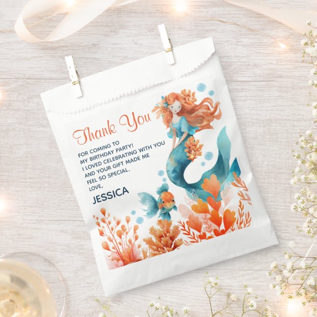 Bolsa De Papel Cuidada Sirena Acuarela Niños Cumpleaños Gracias (Cortado)
