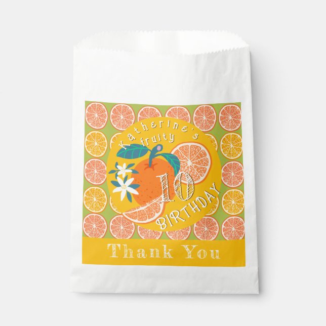 Bolsa De Papel Cumpleaños 10 Verde Naranja Frutal (Anverso)