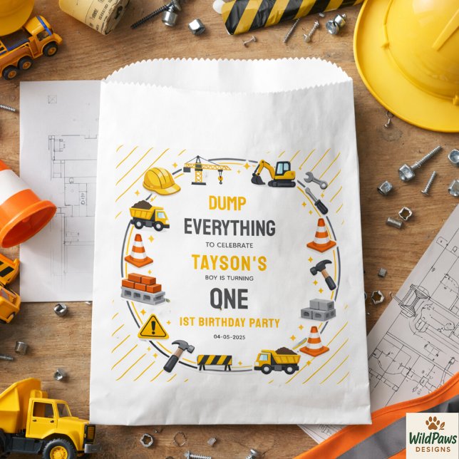 Bolsa De Papel Cumpleaños 1 | Fiesta de Camión de Construcción (Construction 1ST Birthday | Builder Truck Party Favor Bag
)