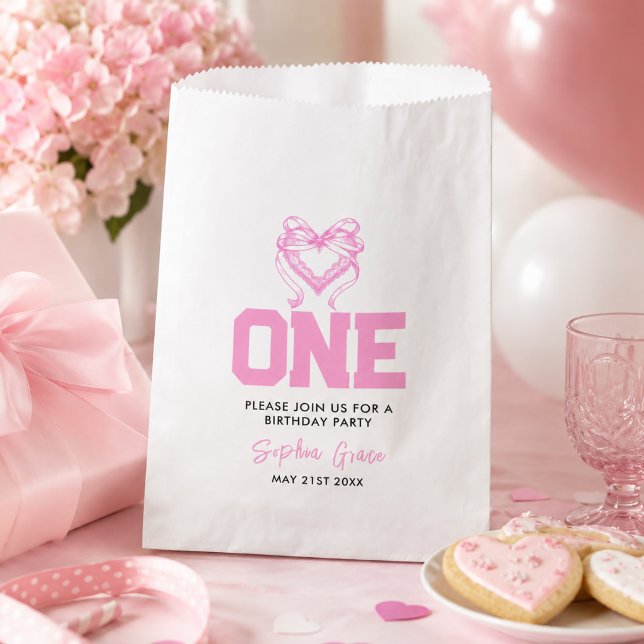 Bolsa De Papel Cumpleaños 1er Cumpleaños Lindo Lazo Rosa Coquette (Cute Pink Bow Coquette 1st Birthday Favor Bag)