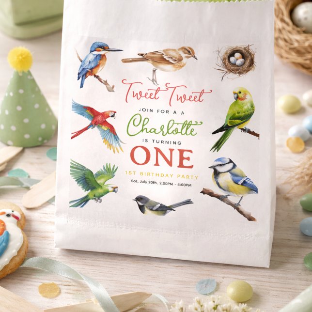 Bolsa De Papel Cumpleaños 1er de Pajarito Adorable (Cute Bird 1st Birthday Party favor bag)