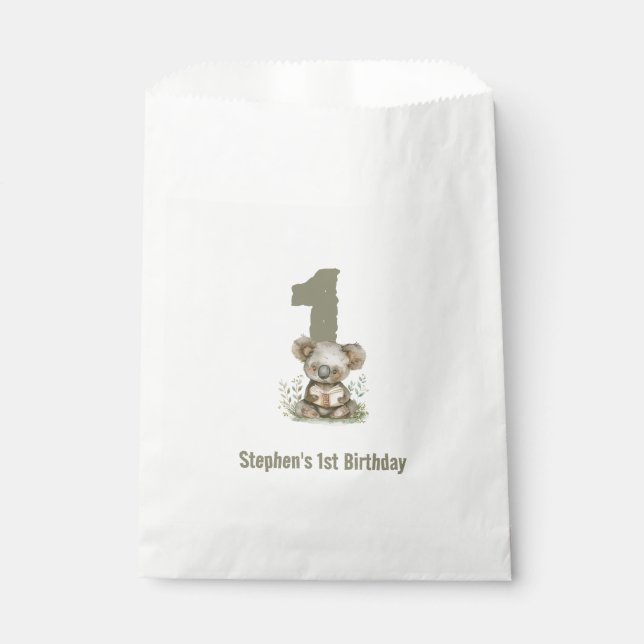 Bolsa De Papel  Cumpleaños 1er Koala Bear Verde Salvia  (Anverso)