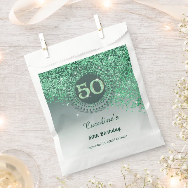 Bolsa De Papel Cumpleaños 50 | Brillante Glitter Verde Dorado (Cortado)