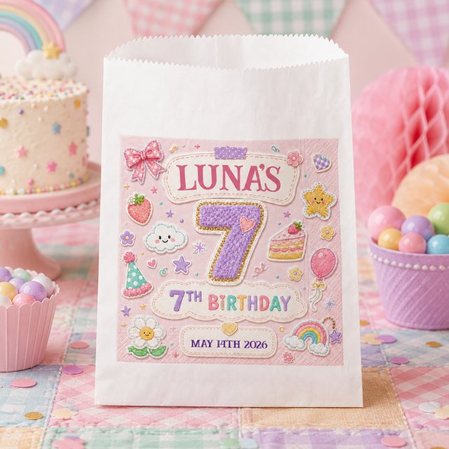 Bolsa De Papel Cumpleaños 7 de niña con temática de arcoíris de p (Pastel Patchwork Rainbow 7th Birthday Party Girl Favor Bag
)