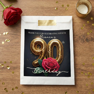 Bolsa De Papel Cumpleaños 90 Elegante Rosa Negra Dorada Brillante