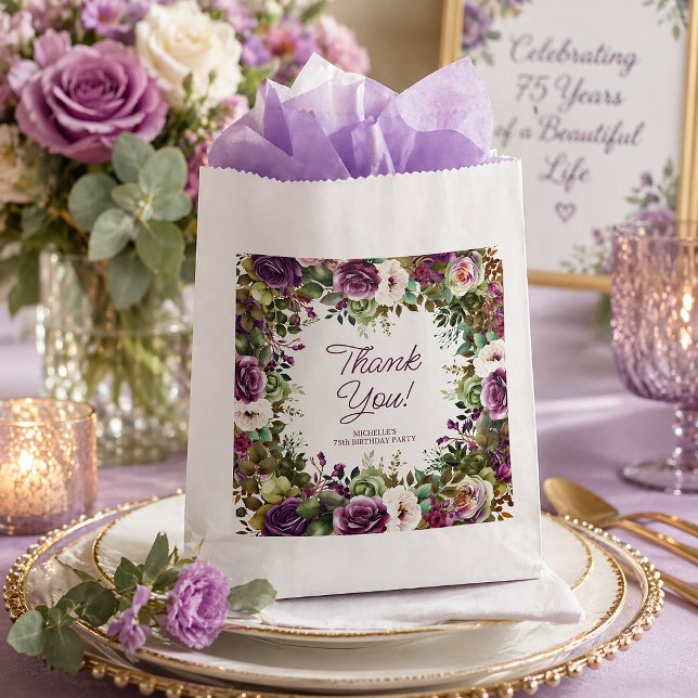 Bolsa De Papel Cumpleaños agradecido con flores púrpuras (Purple watercolor floral "Thank you" guest favor bag)