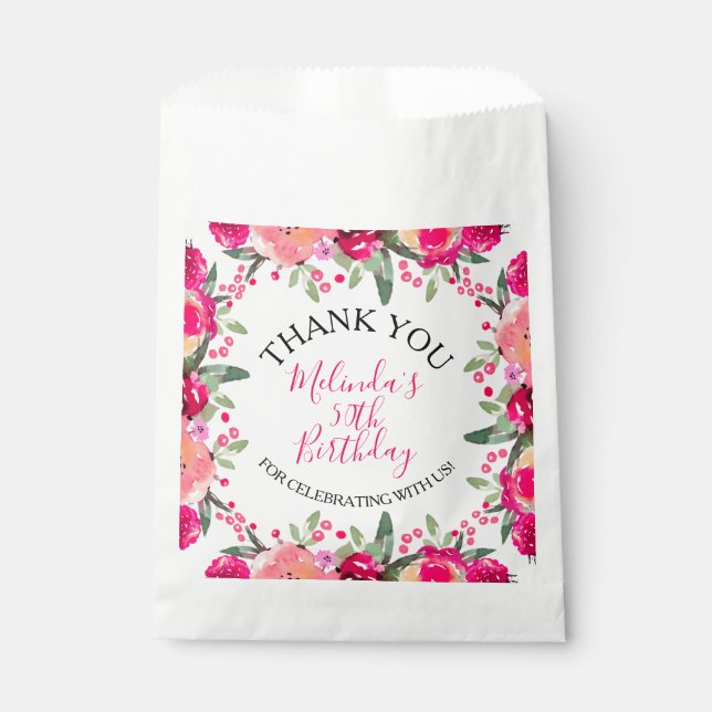 Bolsa De Papel Cumpleaños Botánico Floral Acuarela Rosa Brillante (Anverso)