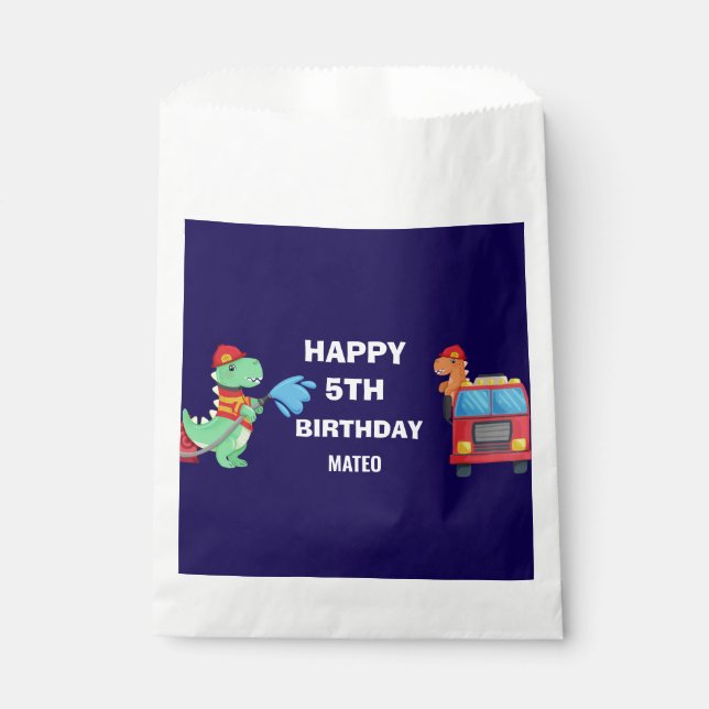 Bolsa De Papel Cumpleaños de bombero dino para niños f (Anverso)