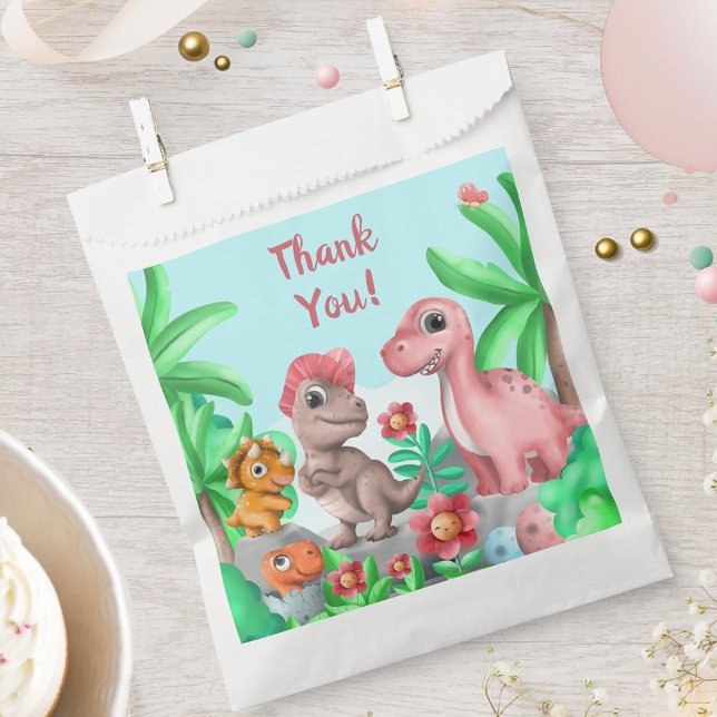 Bolsa De Papel Cumpleaños de dinosaurio de niña agradecimiento (Girl's Dinosaur Birthday Party Favor Bag)