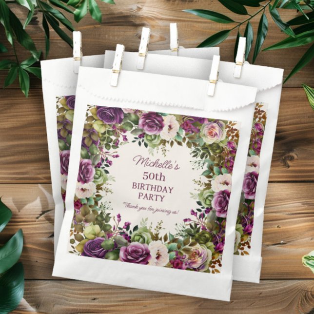 Bolsa De Papel Cumpleaños de flores florales púrpura rosadas (Elegant purple and pink watercolor floral birthday party favor bags. )