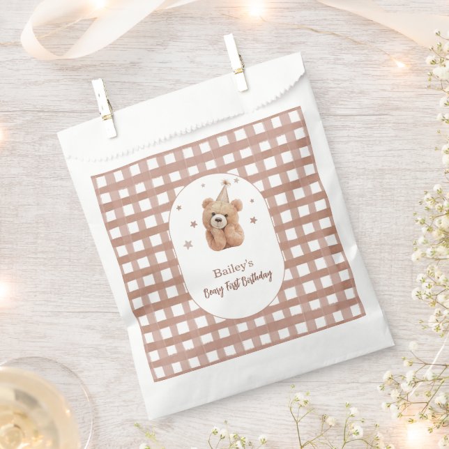 Bolsa De Papel Cumpleaños de Oso de Cuadros (Cortado)
