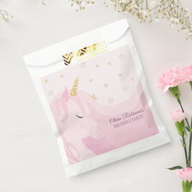 Bolsa De Papel Cumpleaños de Unicornio de Oro Rosa Mágico (Sellado)