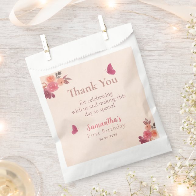 Bolsa De Papel Cumpleaños elegante con flores de acuarela en rosa (Cortado)
