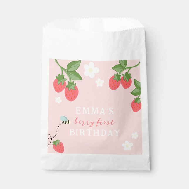 Bolsa De Papel Cumpleaños Fresa Primera Niña Rosa 1er Cumpleaños (Anverso)