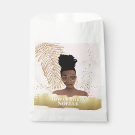 Bolsa De Papel Cumpleaños, Mujer Negra, Hoja Tropical Oro, Rosa