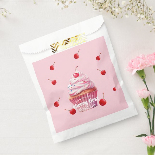 Bolsa De Papel Cumpleaños Pink Baby First Cherry & Cupcake  (Sellado)