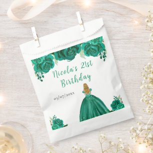 Bolsa De Papel Cumpleaños Princesa Cabello Rubio Floral Verde Fie